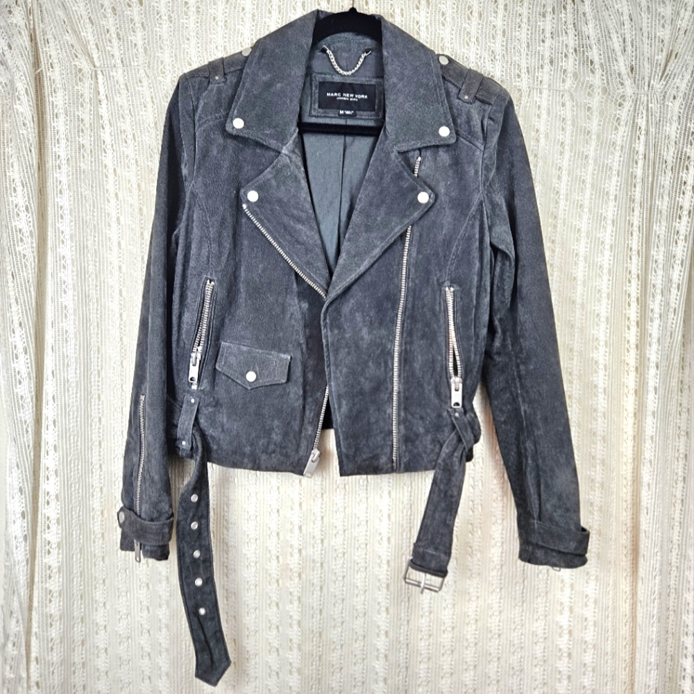 (NEW) Andrew Marc Dark Gray Suede Leather Moto Style Jacket Size Medium